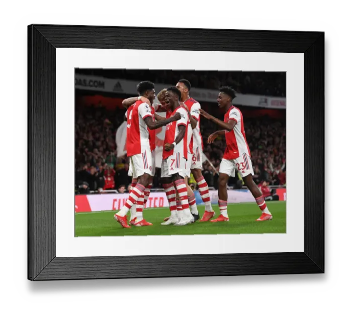 Framed Print : Thomas Partey and Bukayo Saka Celebrate Arsenal's First Goal Against Aston Villa (2021-22)