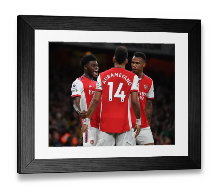 Framed Print : Thomas Partey's First Arsenal Goal: Triumphant Celebration with Gabriel Magalhaes and Pierre-Emerick Aubameyang (2021-22)