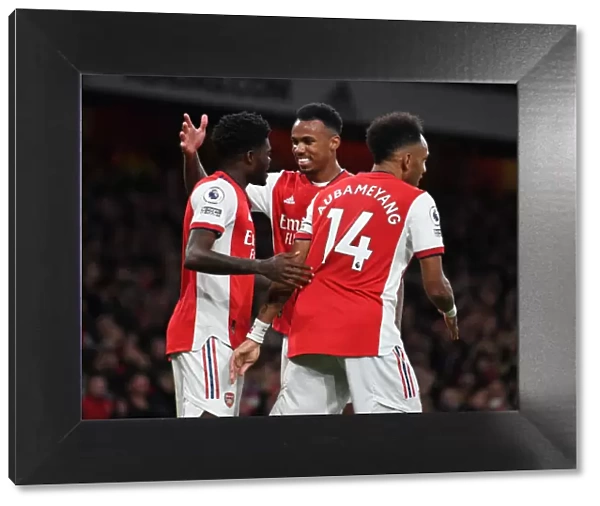 Thomas Partey's First Arsenal Goal: Triumphant Celebration with Magalhães and Aubameyang (Arsenal vs Aston Villa, 2021-22)