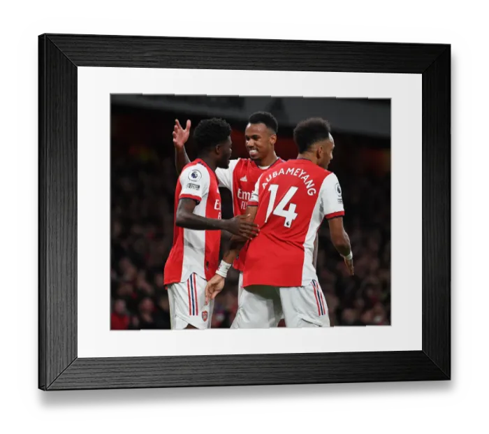 Framed Print : Thomas Partey's First Arsenal Goal: Triumphant Celebration with Magalhães and Aubameyang (Arsenal vs Aston Villa, 2021-22)