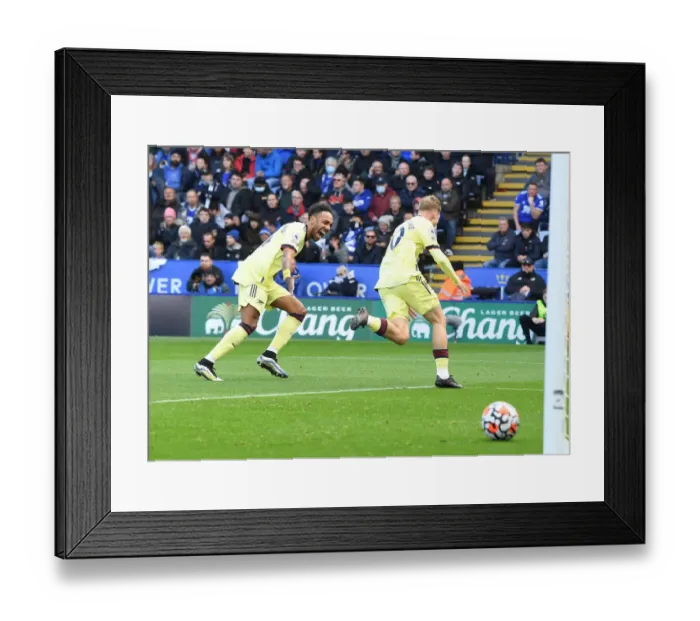 Framed Print : Arsenal's Smith Rowe and Aubameyang Celebrate Double Strike Against Leicester City (2021-22)