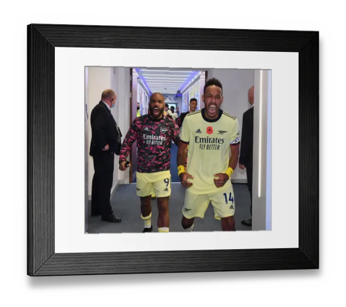 Framed Print : Arsenal's Lacazette and Aubameyang Celebrate Goal in Leicester City vs Arsenal (2021-22) Framed Print : Arsenal's Lacazette and Aubameyang Celebrate Goal in Leicester City vs Arsenal (2021-22)