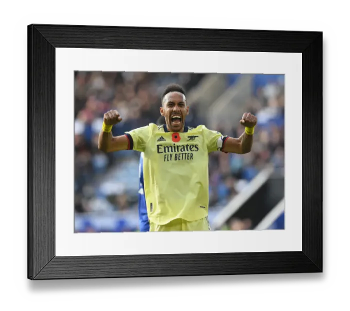 Framed Print : Arsenal's Aubameyang Scores Thriller, Celebrates in Style: Premier League Victory vs Leicester City, 2021-22 Framed Print : Arsenal's Aubameyang Scores Thriller, Celebrates in Style: Premier League Victory vs Leicester City, 2021-22