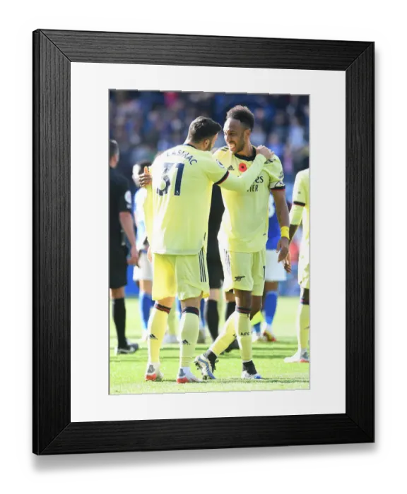 Framed Print : Arsenal's Aubameyang and Kolasinac Celebrate Win Against Leicester City (2021-22)