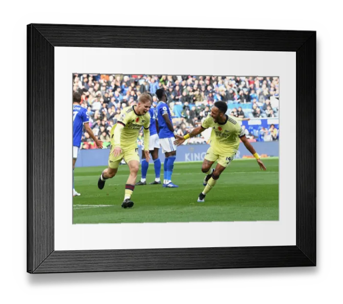 Framed Print : Smith Rowe and Aubameyang's Goal Celebration: Arsenal's Victory Against Leicester City (2021-22)