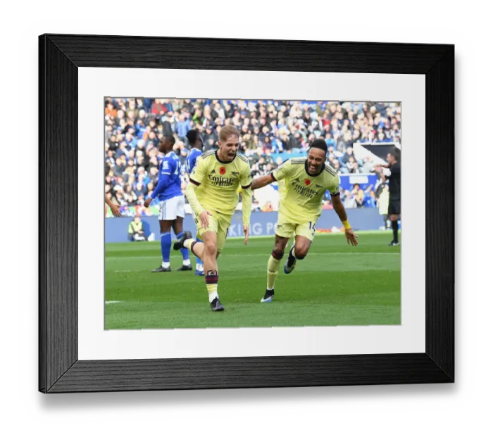 Framed Print : Arsenal's Smith Rowe and Aubameyang: A Dynamic Duo's Victory Dance at Leicester City (2021-22)