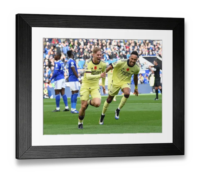 Framed Print : Arsenal's Smith Rowe and Aubameyang: Celebrating Their Goals in Leicester City Victory (2021-22)