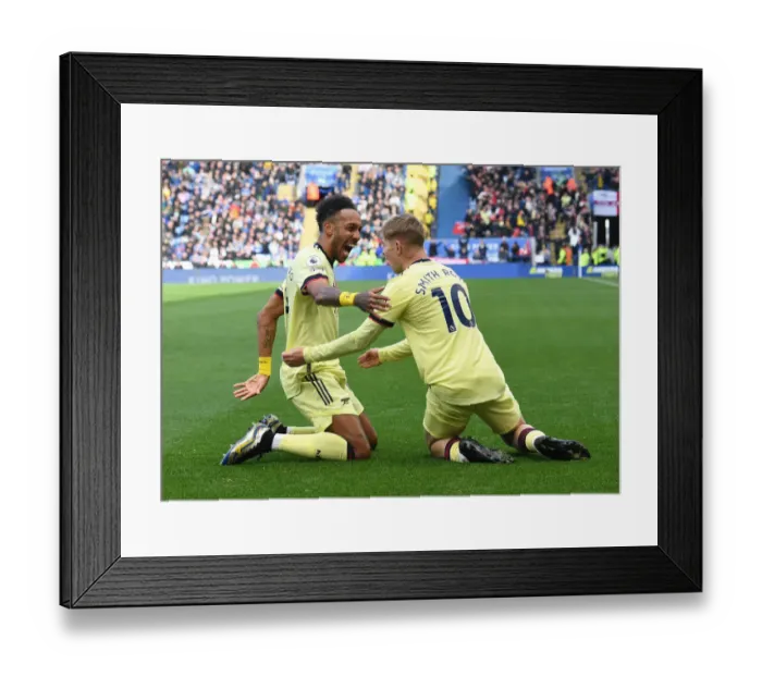 Framed Print : Arsenal's Smith Rowe and Aubameyang Celebrate Goals in Leicester City Victory (2021-22)