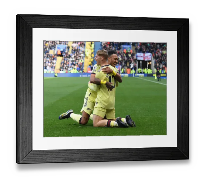 Framed Print : Arsenal's Smith Rowe and Aubameyang Celebrate Double Strike: Arsenal's 2-0 Victory over Leicester City (2021-22)
