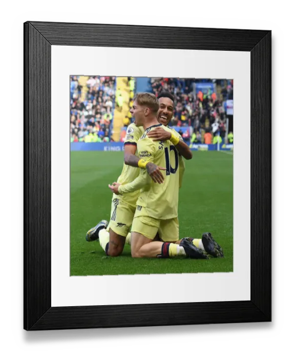 Framed Print : Arsenal: Smith Rowe and Aubameyang's Celebration of Double Goals vs Leicester City (2021-22)