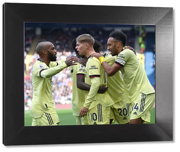 Arsenal's Smith Rowe, Aubameyang, and Lacazette Celebrate Goals Against Leicester City (2021-22)