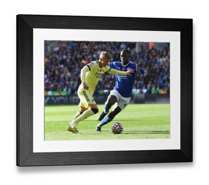 Framed Print : Clash of Midfield Titans: Odegaard vs Soumare - Arsenal vs Leicester City, Premier League 2021-22