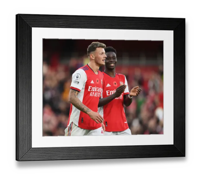 Framed Print : Arsenal's White and Saka in Action: Arsenal vs. Watford, Premier League 2021-22