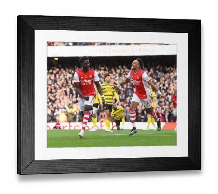 Framed Print : Controversial Disallowed Goal: Saka and Aubameyang's Offside Celebration (Arsenal vs. Watford, 2021-22)