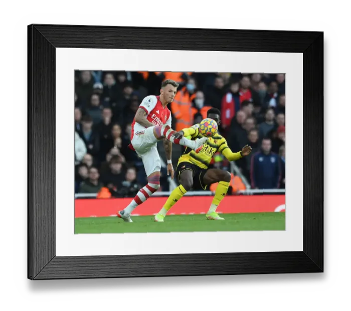 Framed Print : Arsenal's Ben White in Action against Watford in the Premier League (2021-22)