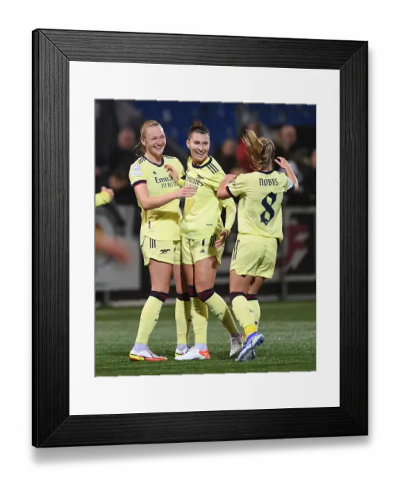 Framed Print : Arsenal Women Celebrate Goal: Triumphant Moment as Catley, Maanum, and Nobbs Rejoice