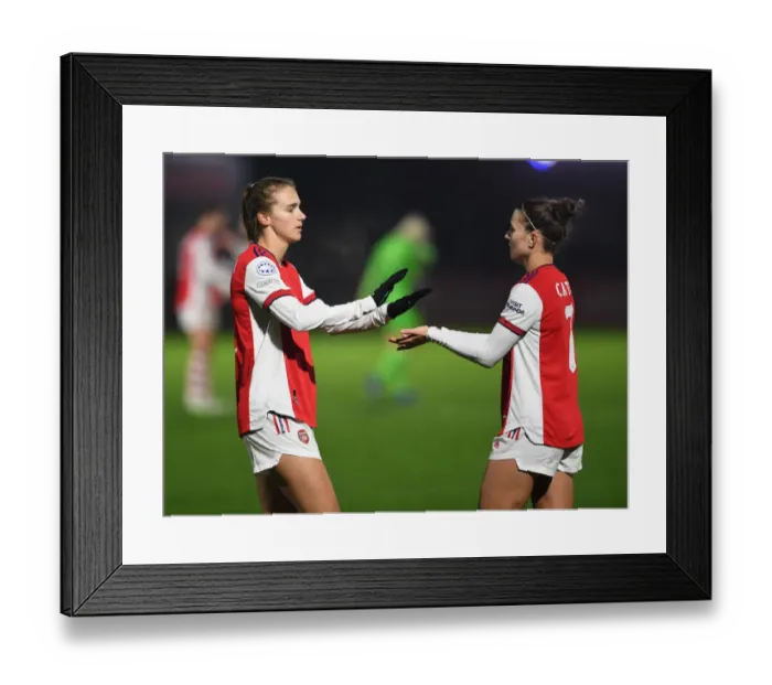 Framed Print : Arsenal Women's Champions League Triumph: Miedema and Catley's Jubilant Moment