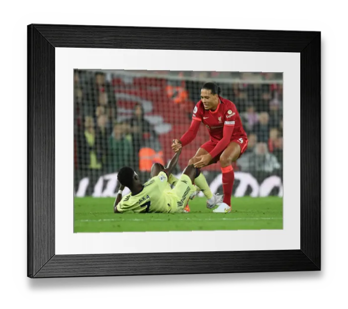 Framed Print : Clash of Titans: Van Dijk Consoles Saka Amid Intense Liverpool vs. Arsenal Rivalry (2021-22)