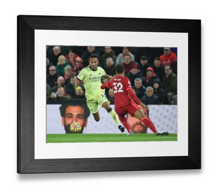 Framed Print : Aubameyang vs Matip: Intense Battle at Anfield - Liverpool vs Arsenal, Premier League 2021-22