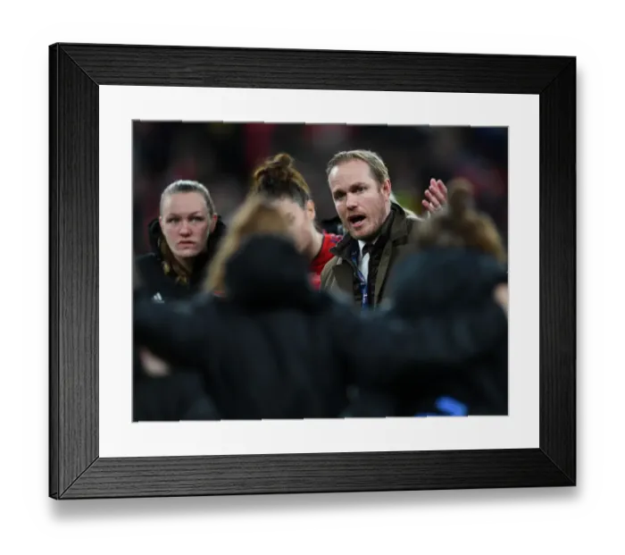 Framed Print : Arsenal Women's Coach Jonas Eidevall Rallies Team at FA Cup Final vs. Chelsea