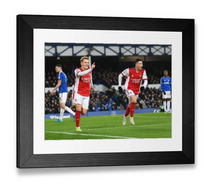 Framed Print : Thrilling Goal Celebration: Martin Odegaard and Gabriel Martinelli Score for Arsenal against Everton (2020-21)