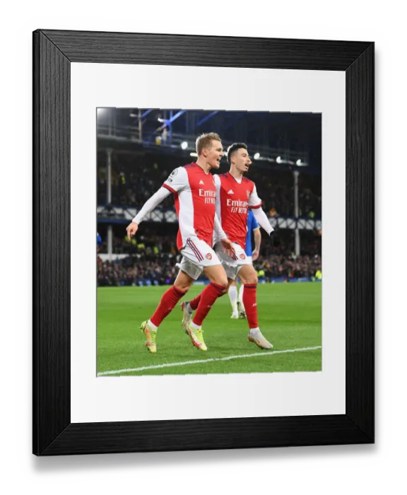 Framed Print : Martin Odegaard and Gabriel Martinelli Celebrate Goal: Everton vs Arsenal, Premier League 2020-21