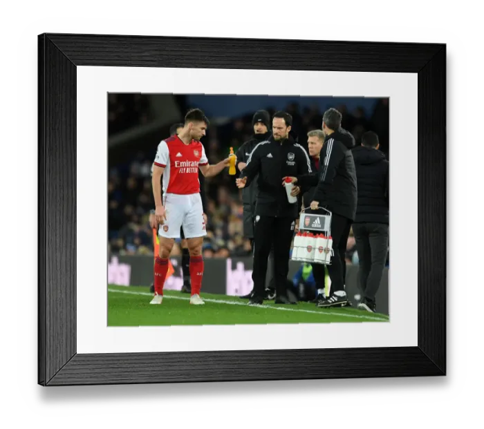 Framed Print : Arsenal's Kieran Tierney Receives Drink from Coach during Everton Match, Premier League 2020-21