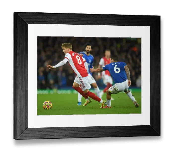 Framed Print : Martin Odegaard vs Allan: Intense Battle at Goodison Park - Everton vs Arsenal, Premier League 2020-21