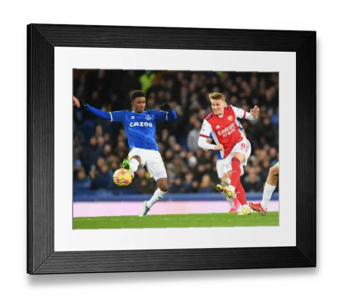 Framed Print : Martin Odegaard vs. Demarai Gray: Everton vs. Arsenal, Premier League Clash, December 2021