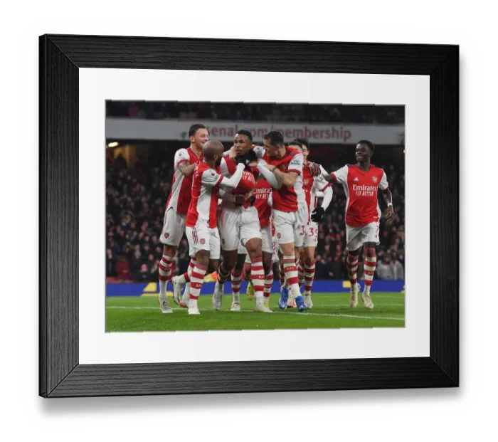 Framed Print : Arsenal's Gabriel, Lacazette, White, Saka, and Xhaka Celebrate Goals Against Southampton (December 2021) Framed Print : Arsenal's Gabriel, Lacazette, White, Saka, and Xhaka Celebrate Goals Against Southampton (December 2021)