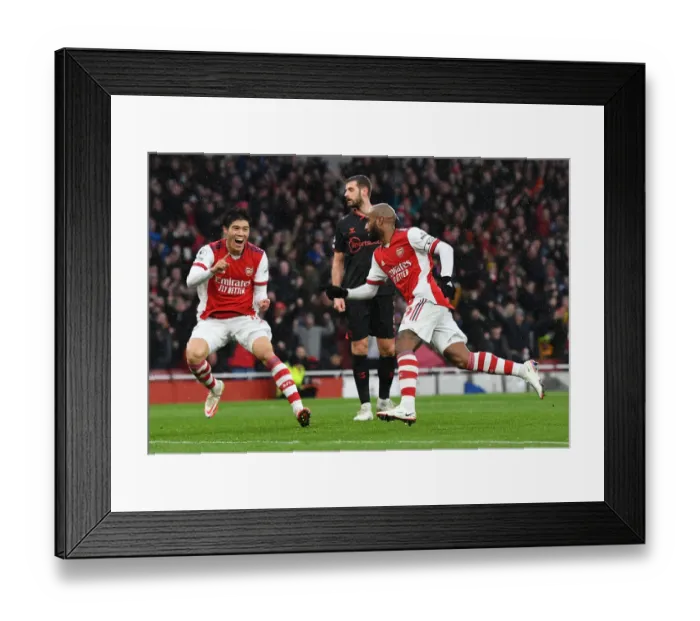 Framed Print : Alexandre Lacazette and Takehiro Tomiyasu Celebrate Arsenal's First Goal vs Southampton (Premier League 2021-22)