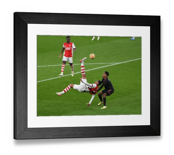 Framed Print : Gabriel Magalhaes Overhead Kick Attempt vs. Southampton - Arsenal vs. Southampton, Premier League 2021-22 Framed Print : Gabriel Magalhaes Overhead Kick Attempt vs. Southampton - Arsenal vs. Southampton, Premier League 2021-22