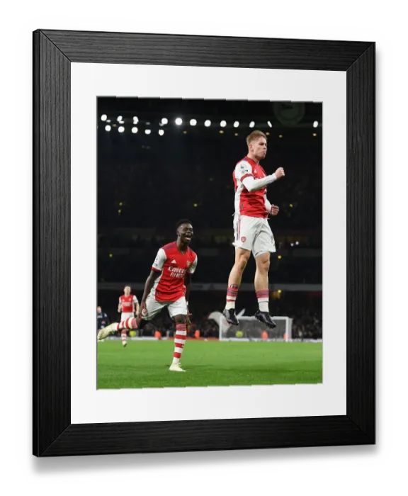 Framed Print : Arsenal's Smith Rowe and Saka: Celebrating a Premier League Double Strike Against West Ham