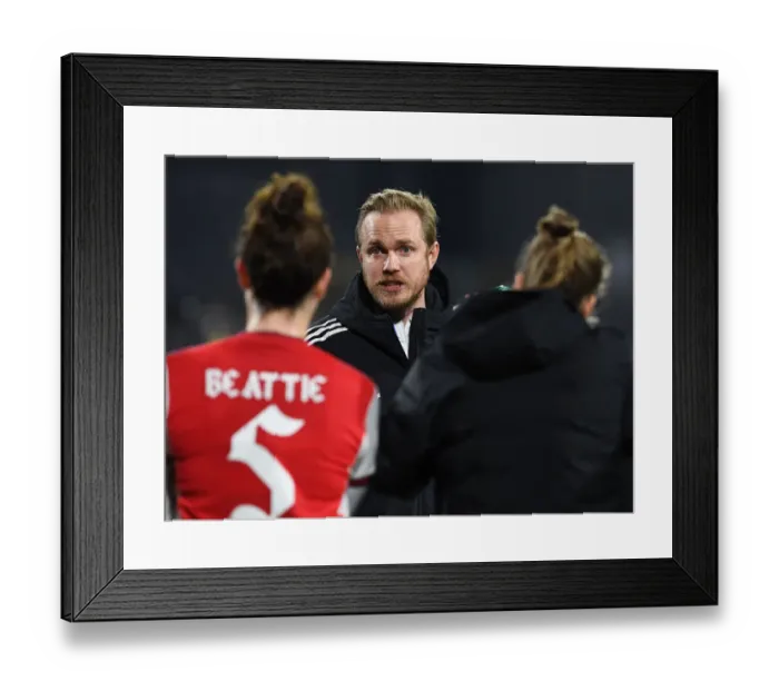 Framed Print : Arsenal Women's Coach Jonas Eidevall Speaks with Players after Hoffenheim Match, UEFA Women's Champions League, 2021-22