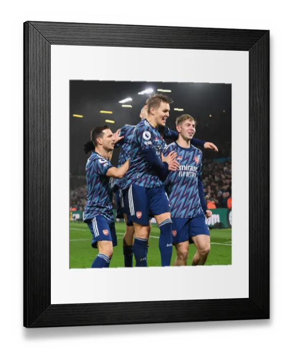 Framed Print : Emile Smith Rowe and Martin Odegaard Celebrate Arsenal's Four-Goal Lead Over Leeds United