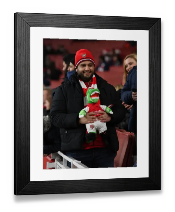 Framed Print : Arsenal FC: Gunnersaurus Statue Amidst Fan Excitement at Carabao Cup Quarterfinal, Emirates Stadium