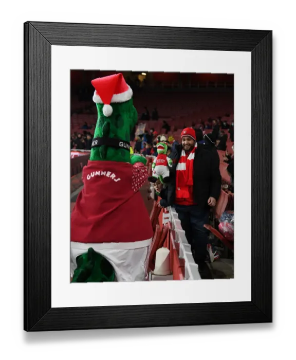 Framed Print : Arsenal Fan's Excitement: Carabao Cup Quarterfinal at Emirates Stadium with Gunnersaurus Statue Framed Print : Arsenal Fan's Excitement: Carabao Cup Quarterfinal at Emirates Stadium with Gunnersaurus Statue