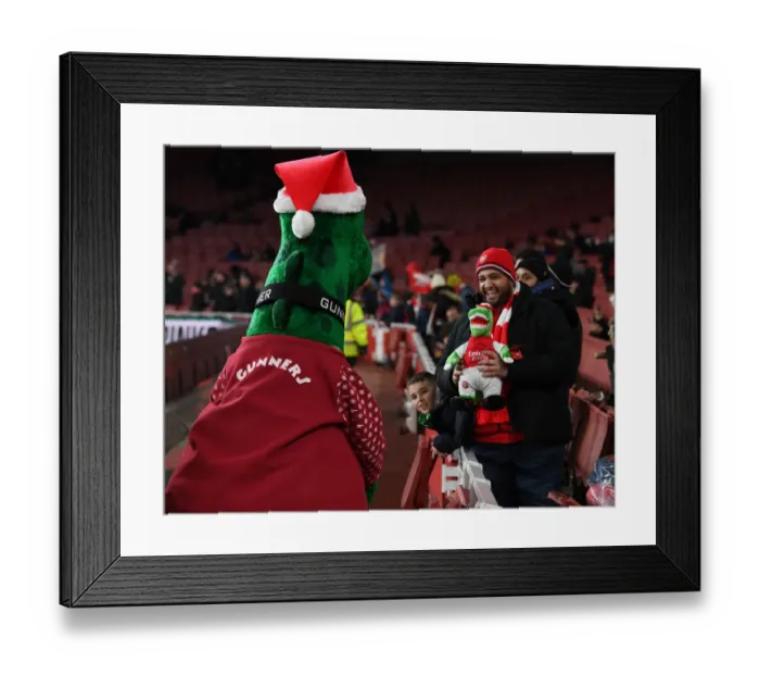 Framed Print : Arsenal Fan with Gunnersaurus Statue Ahead of Carabao Cup Quarterfinal vs. Sunderland