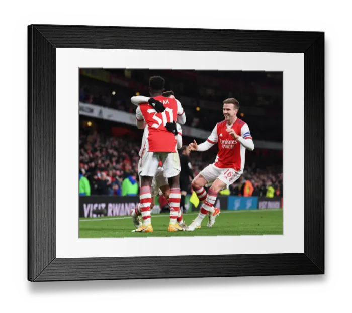 Framed Print : Arsenal's Five-Star Performance: Patino, Nketiah, and Holding Celebrate Carabao Cup Quarterfinal Victory over Sunderland