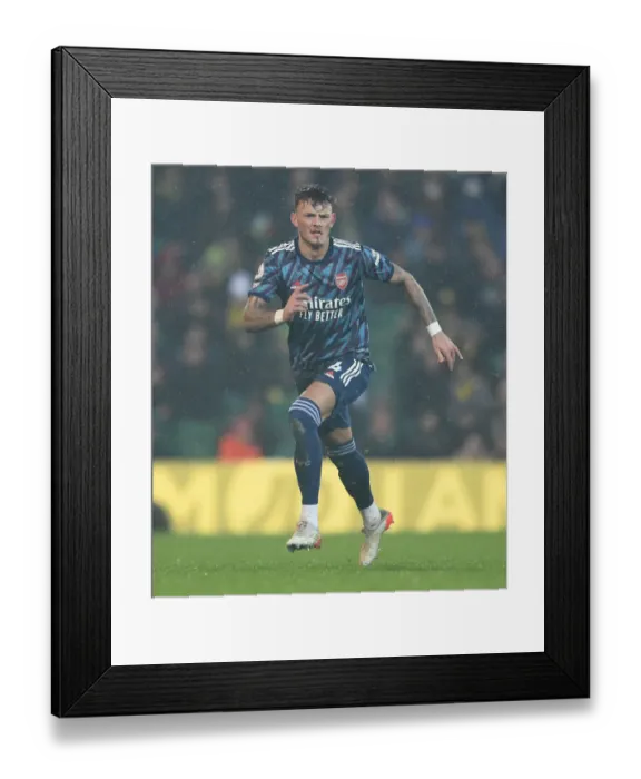 Framed Print : Ben White in Action: Arsenal's Defensive Star Shines Against Norwich City, Premier League 2021-22