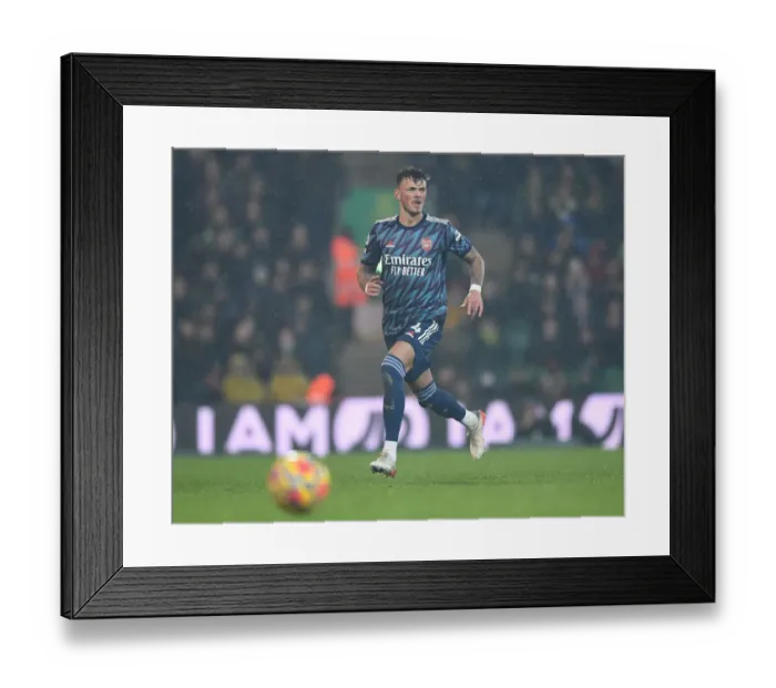 Framed Print : Ben White in Action: Arsenal's Defensive Star Shines Against Norwich City, Premier League 2021-22