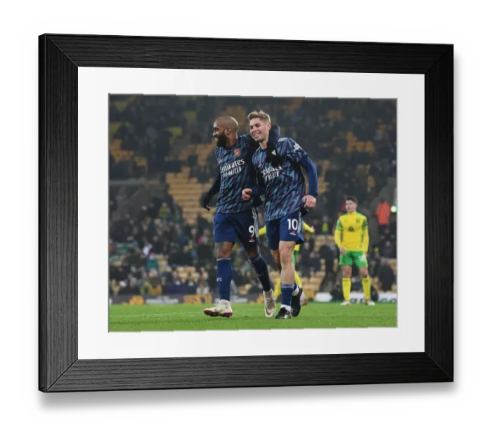 Framed Print : Five-Star Arsenal: Emile Smith Rowe and Alexandre Lacazette Celebrate Goals Against Norwich City