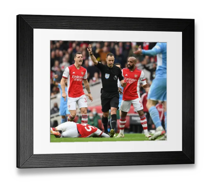 Framed Print : Arsenal's Xhaka and Lacazette Confer with Referee during Arsenal vs Manchester City (2021-22) Framed Print : Arsenal's Xhaka and Lacazette Confer with Referee during Arsenal vs Manchester City (2021-22)