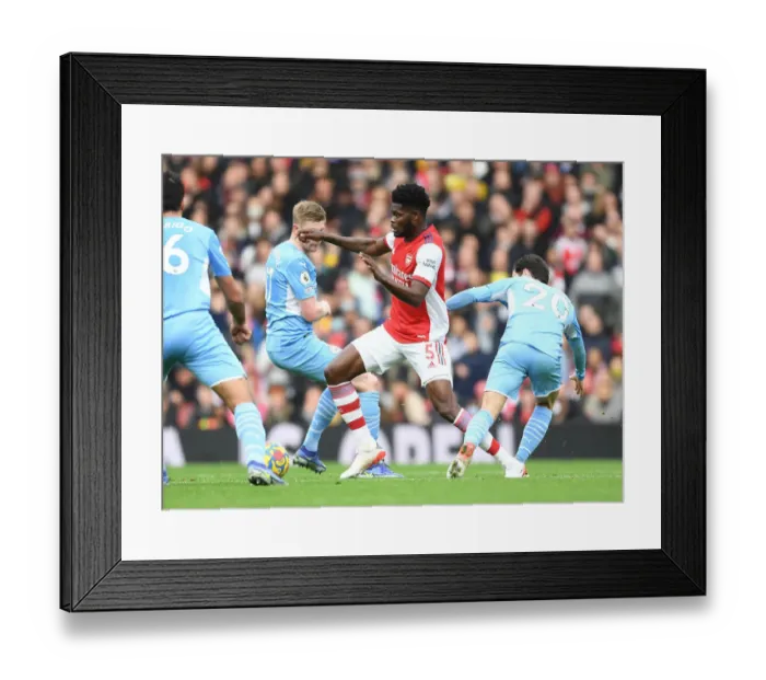 Framed Print : Arsenal vs Manchester City: Thomas Partey Clashes with Kevin De Bruyne and Bernardo Silva in Intense Premier League Showdown
