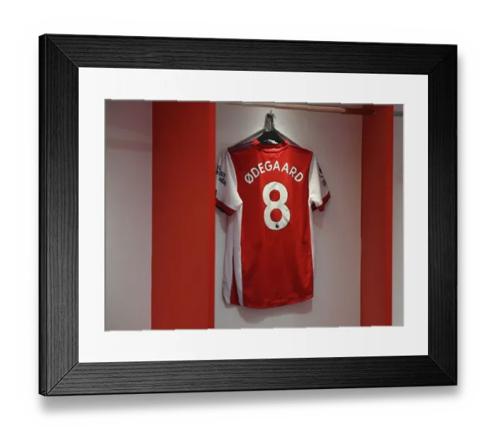 Framed Print : Arsenal Changing Room: Martin Odegaard's Shirt Before Arsenal vs Manchester City (2021-22)