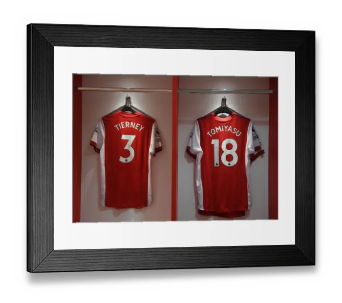 Framed Print : Arsenal Changing Room: Tierney and Tomiyasu Shirts Before Arsenal vs Manchester City (2021-22)