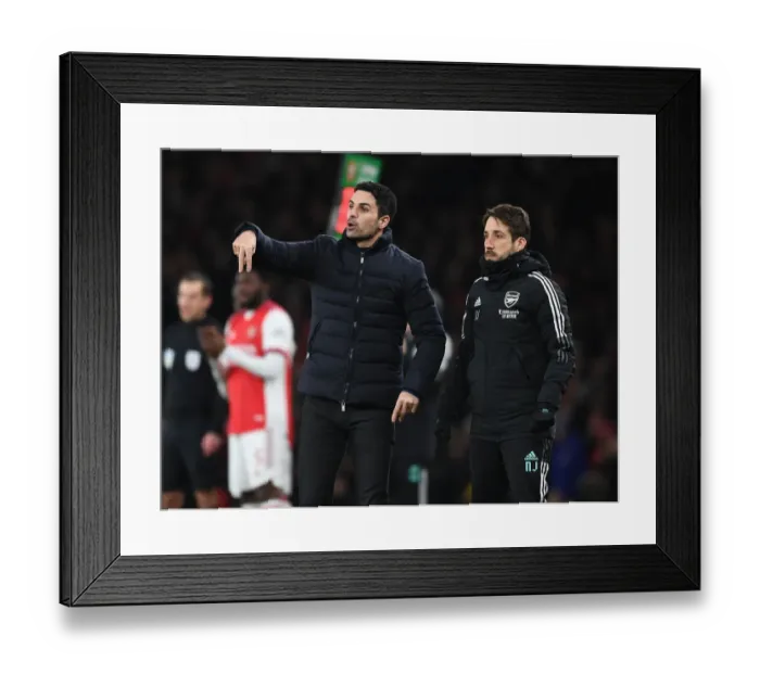 Framed Print : Arsenal Manager Mikel Arteta and Coach Nico Cover During Carabao Cup Semi-Final Clash vs Liverpool