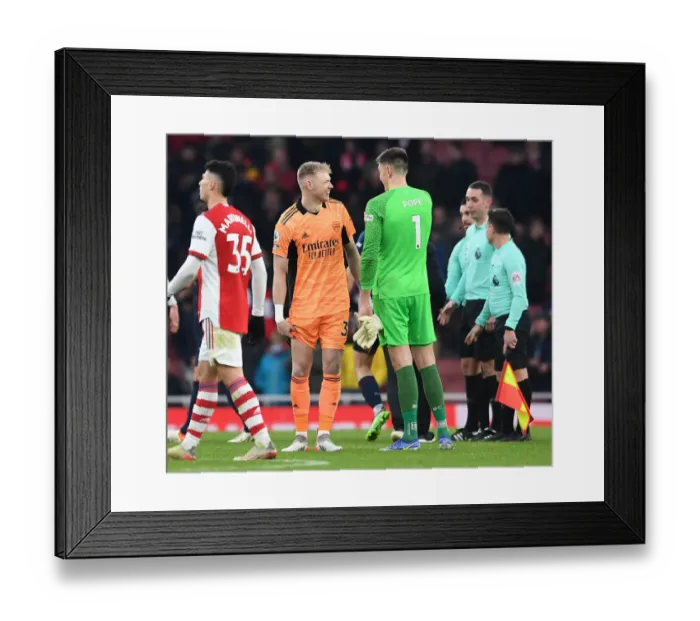 Framed Print : Arsenal's Ramsdale and Pope Share a Moment After Arsenal v Burnley Match