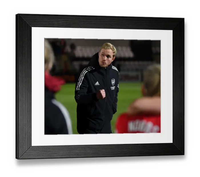 Framed Print : Arsenal Women: Jonas Eidevall Delivers Post-Match Team Talk to Players Against Brighton Hove Albion