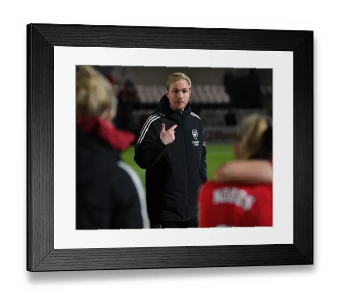 Framed Print : Arsenal Women's Coach Jonas Eidevall Delivers Post-Match Team Talk after FA WSL Clash with Brighton Hove Albion
